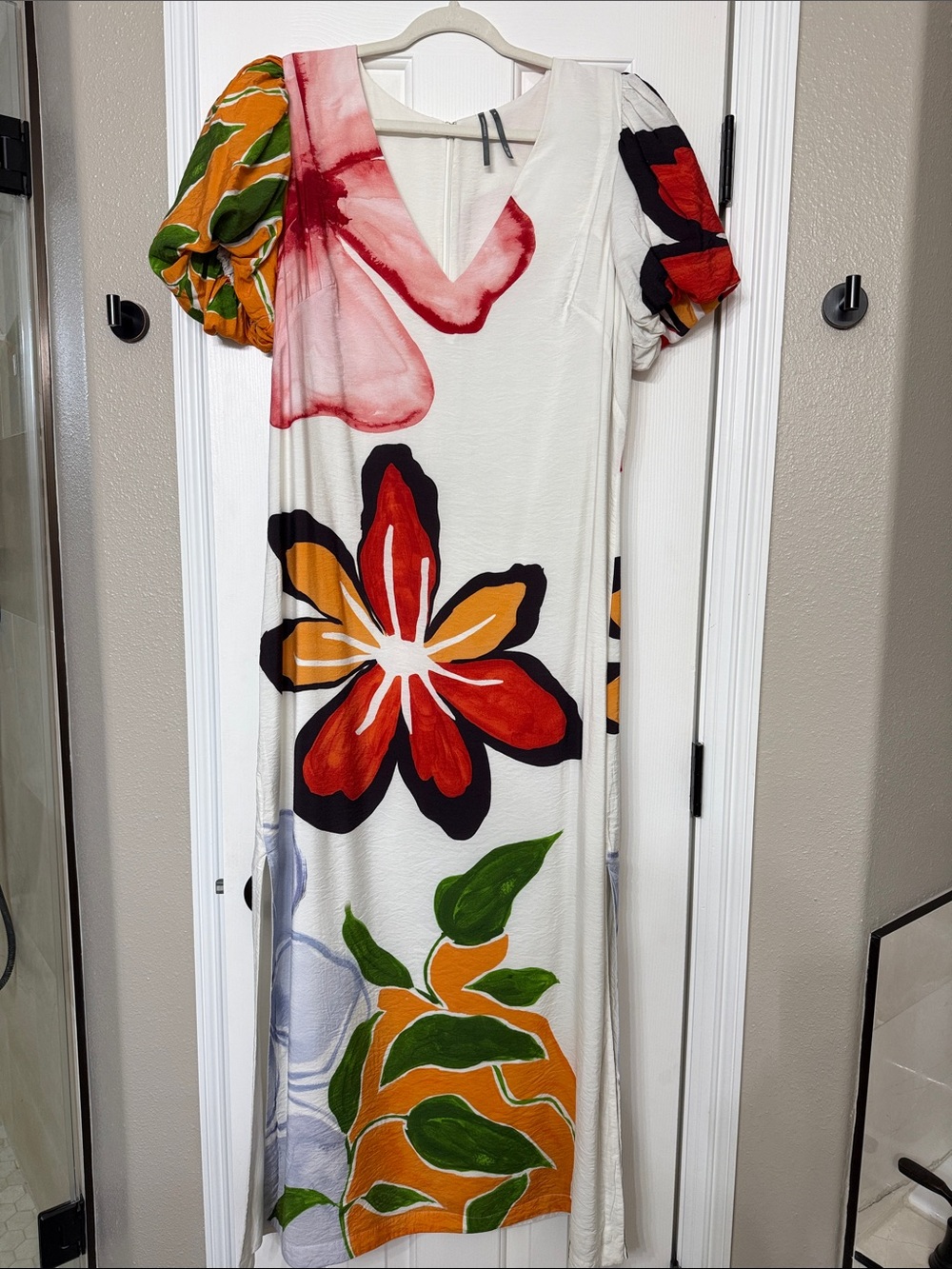 Anthropologie Floral V-Neck Midi Dress in White with Red & Orange Blooms